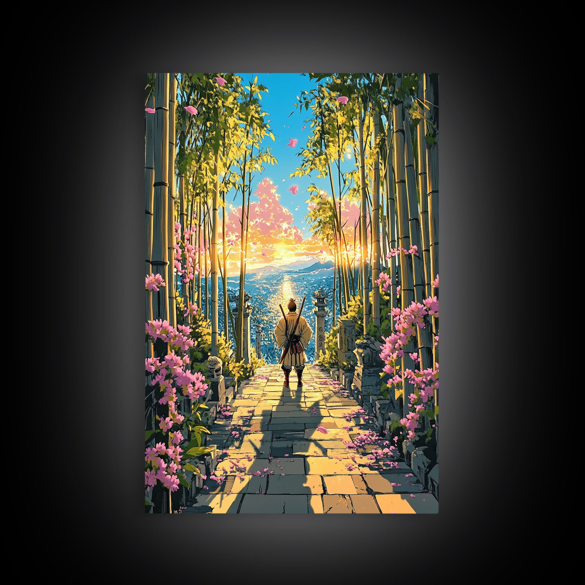 Lone Samurai On Bamboo Path At Sunrise Wall Art, Japanese Landscape Canvas, Cherry Blossom Decor, Zen Living Room Art, Housewarming Gift