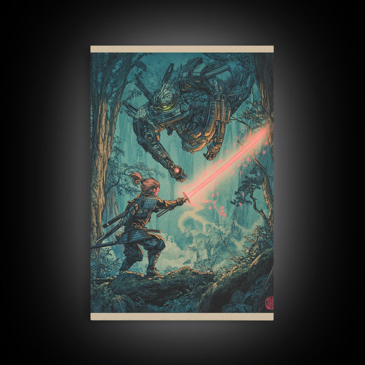 Samurai Battling Giant Mech In Forest Framed Canvas Print, Sci Fi Fantasy Wall Art, Cyberpunk Gamer Room Decor Gift For Him