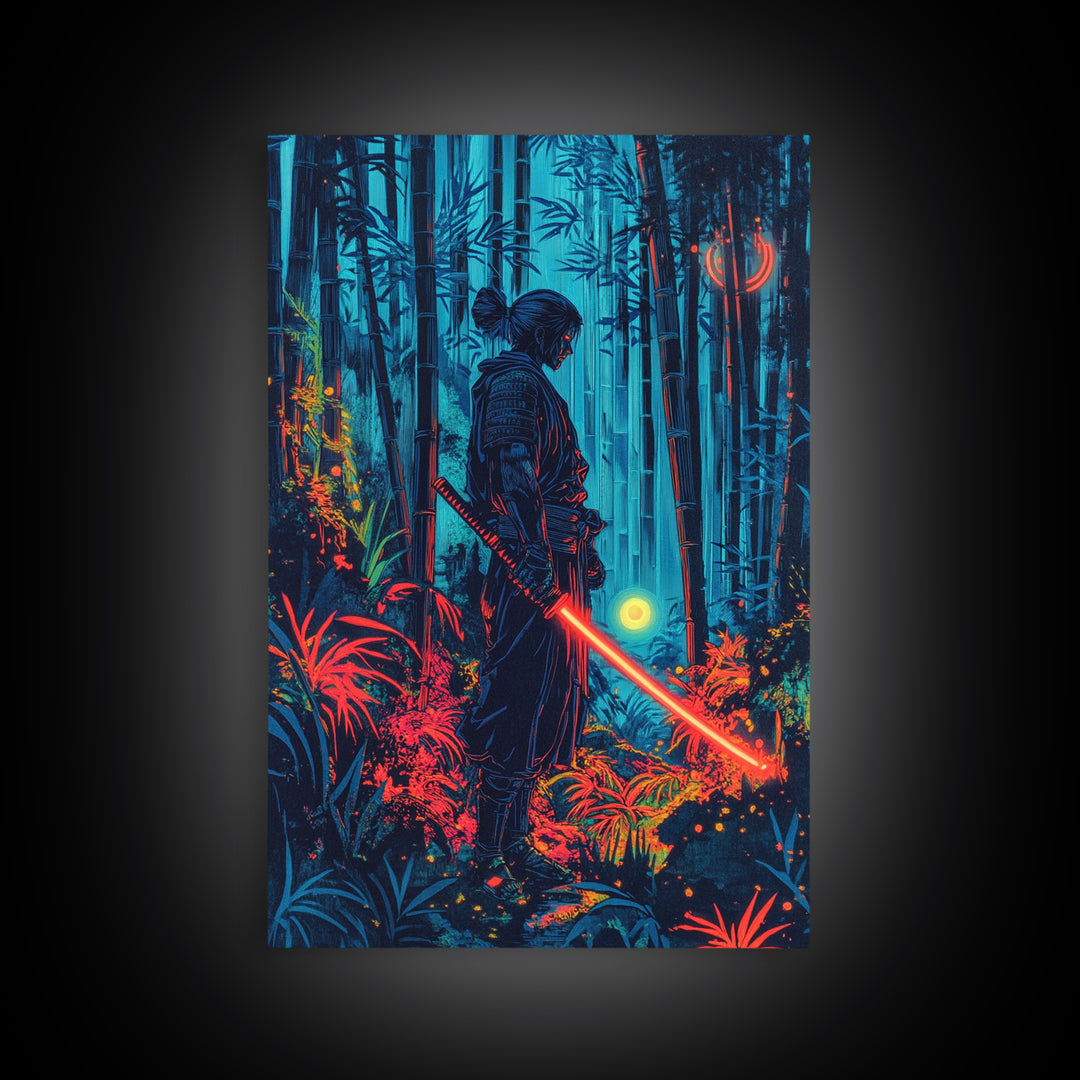 Neon Samurai In Blue Bamboo Forest Canvas Print, Cyberpunk Japanese Wall Art, Dark Fantasy Decor, Gaming Room Gift For Him