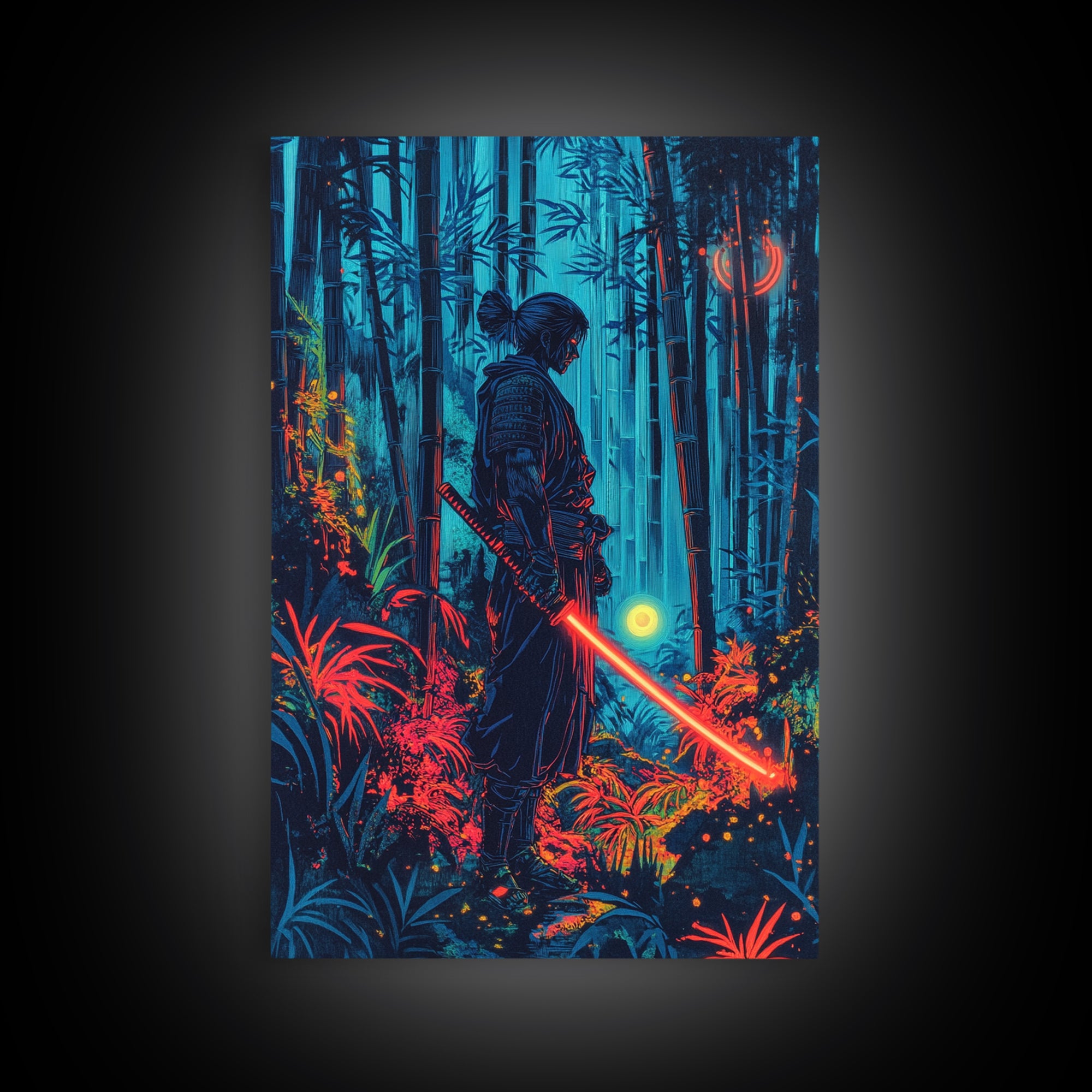Neon Samurai In Blue Bamboo Forest Canvas Print, Cyberpunk Japanese Wall Art, Dark Fantasy Decor, Gaming Room Gift For Him