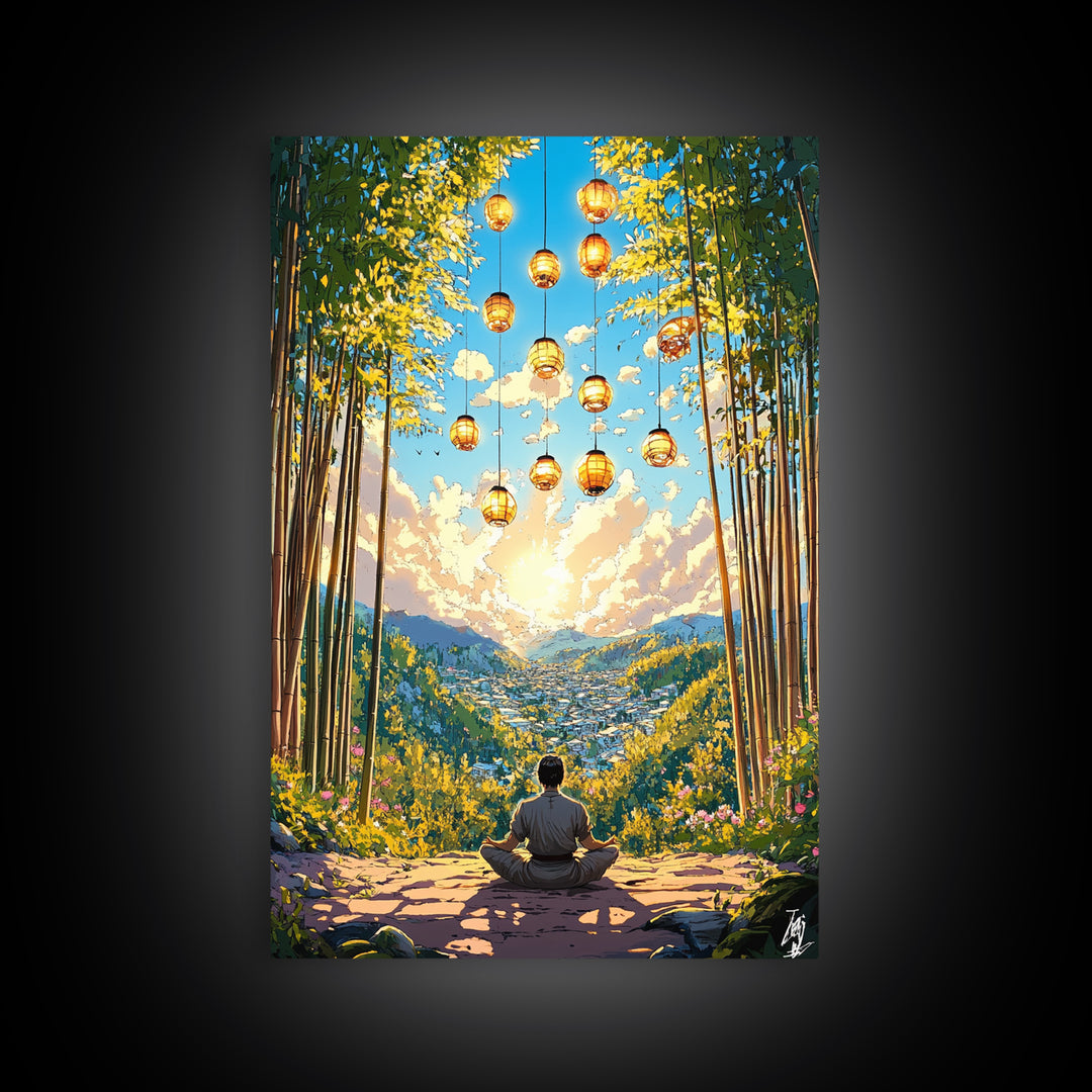 Meditating Figure In Bamboo Valley With Lanterns Wall Art, Zen Landscape Canvas, Japandi Decor, Calm Meditation Room Art