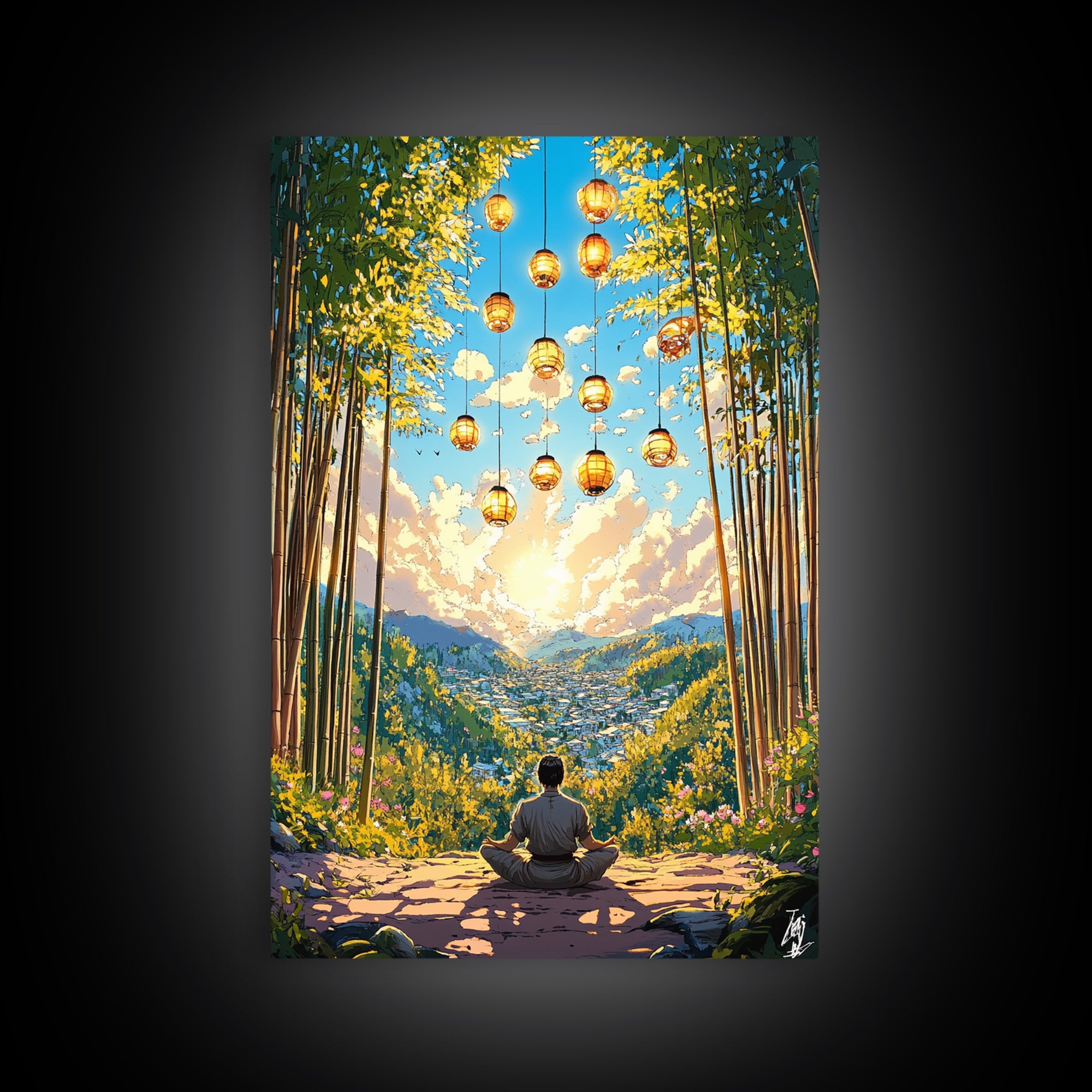 Meditating Figure In Bamboo Valley With Lanterns Wall Art, Zen Landscape Canvas, Japandi Decor, Calm Meditation Room Art