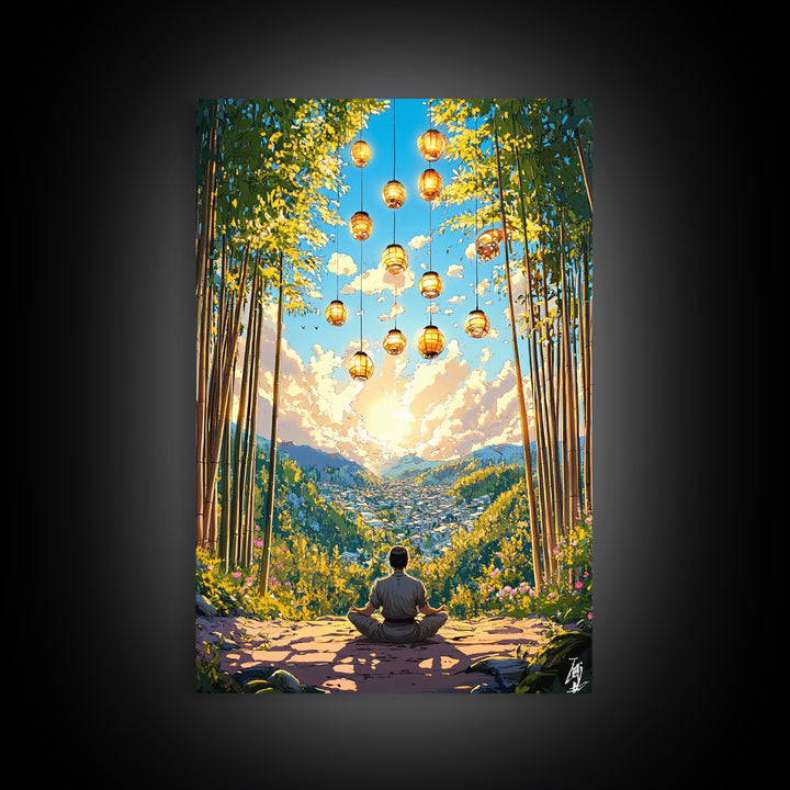 Meditating Figure In Bamboo Valley With Lanterns Wall Art, Zen Landscape Canvas, Japandi Decor, Calm Meditation Room Art