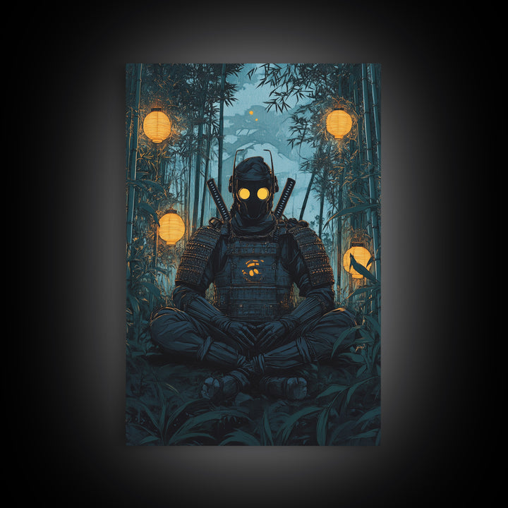 Masked Samurai Meditating In Bamboo Forest Framed Canvas Print, Dark Japanese Wall Art, Zen Warrior Decor, Gift For Him, Man Cave