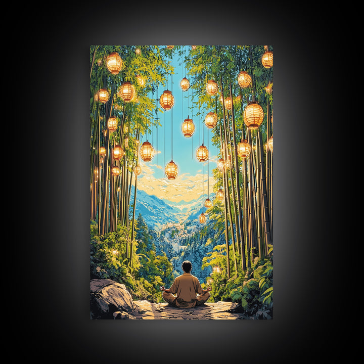 Lantern Lit Bamboo Meditation Mountain Wall Art, Japanese Zen Decor, Spiritual Nature Print, Calming Office Living Room Decor