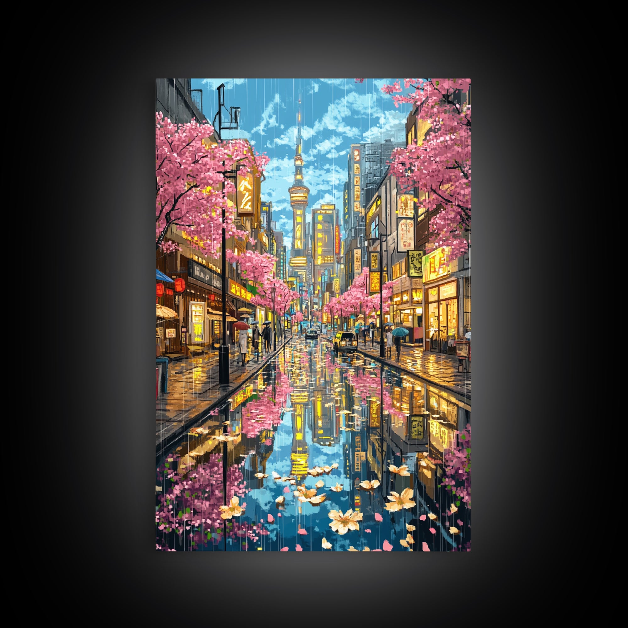 Rainy Tokyo Cherry Blossom Street Wall Art, Japanese Cityscape Print, Neon Urban Travel Poster, Modern Living Room Decor