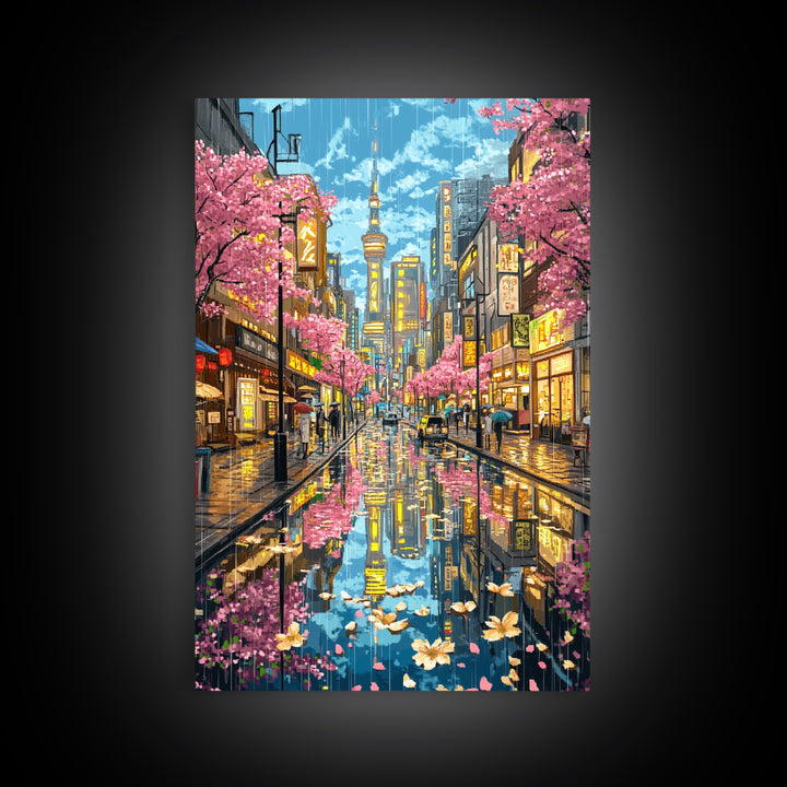 Rainy Tokyo Cherry Blossom Street Wall Art, Japanese Cityscape Print, Neon Urban Travel Poster, Modern Living Room Decor