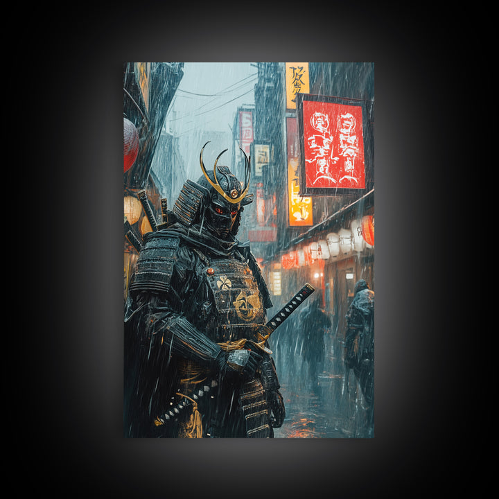 Armored Samurai In Rainy Neon Alley Canvas Print, Japanese Warrior Wall Art, Cyberpunk Decor, Dramatic Office Poster Gift For Him