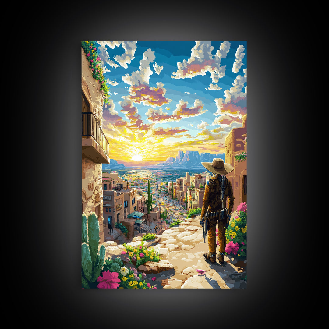 Sunset Adobe Desert Town Cowboy Wall Art, Southwestern Landscape Print, Western Home Decor, Colorful Travel Poster, Housewarming Gift