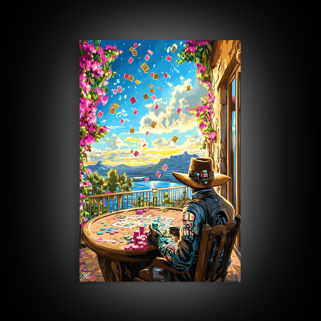 Cyber Cowboy Poker Terrace Wall Art, Southwestern Desert Canvas Print, Futuristic Western Decor, Game Room Unique Gift For Him