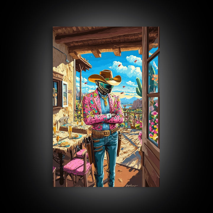 Floral Jacket Cyber Cowboy Portrait Wall Art, Futuristic Western Canvas Print, Desert Fashion Poster, Bold Maximalist Decor