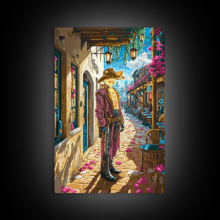 Cyber Western Cowboy In Sunlit Old Town Wall Art, Southwestern Travel Poster, Futuristic Canvas Print, Eclectic Home Decor