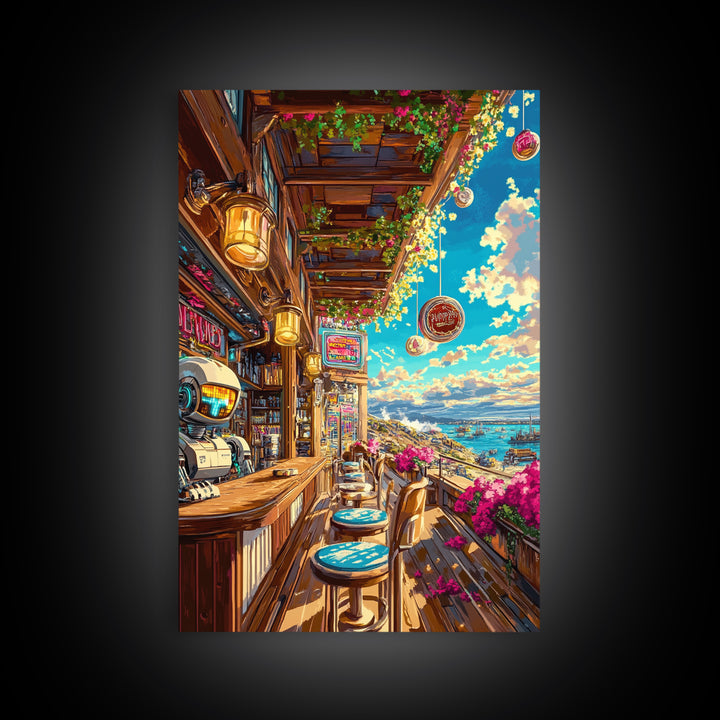 Seaside Sci Fi Cafe Balcony At Golden Hour Framed Canvas Print, Coastal Wall Art, Travel Poster, Living Room Ocean View Home Decor
