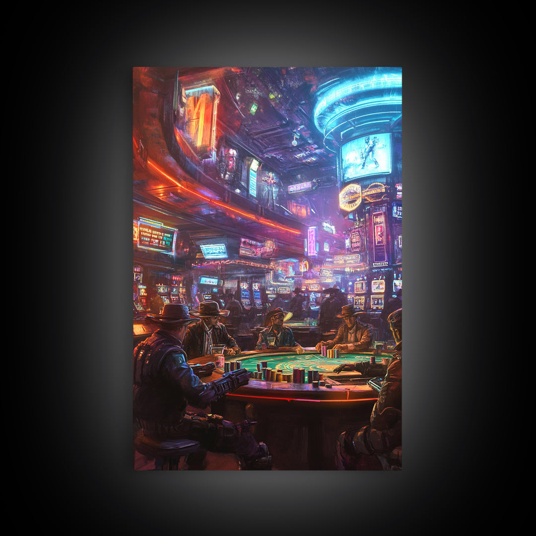 Neon Cyberpunk Poker Room With Outlaws Canvas Print, Futuristic Wall Art, Casino Poster, Man Cave And Game Room Decor For Him Gift