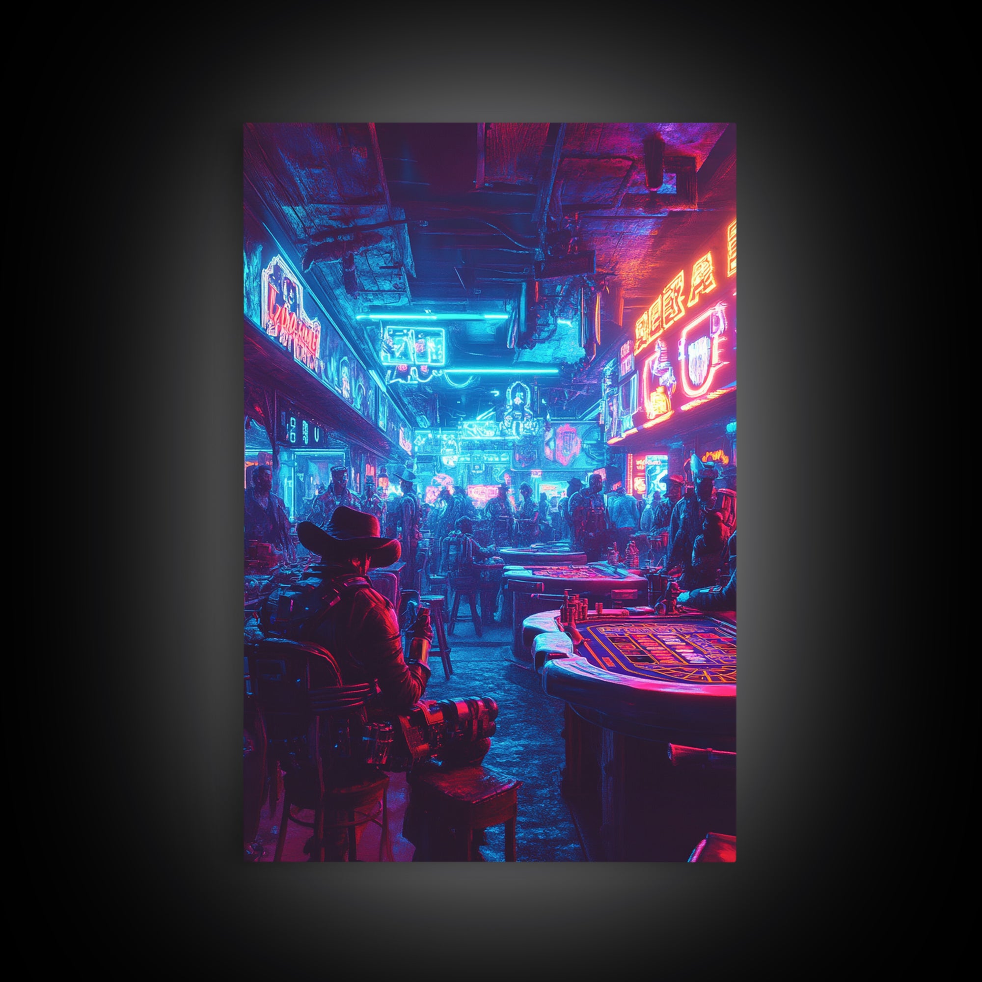 Blue Pink Neon Western Casino Bar Wall Art, Cyberpunk Poster, Futuristic Gaming Room Decor, Man Cave Gift For Him, Trendy Sci Fi Home Decor