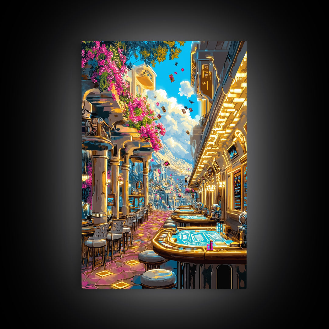 Futuristic Flower Lined Casino Street Canvas Print, Colorful Wall Art, Sci Fi City Travel Poster, Modern Living Room Decor