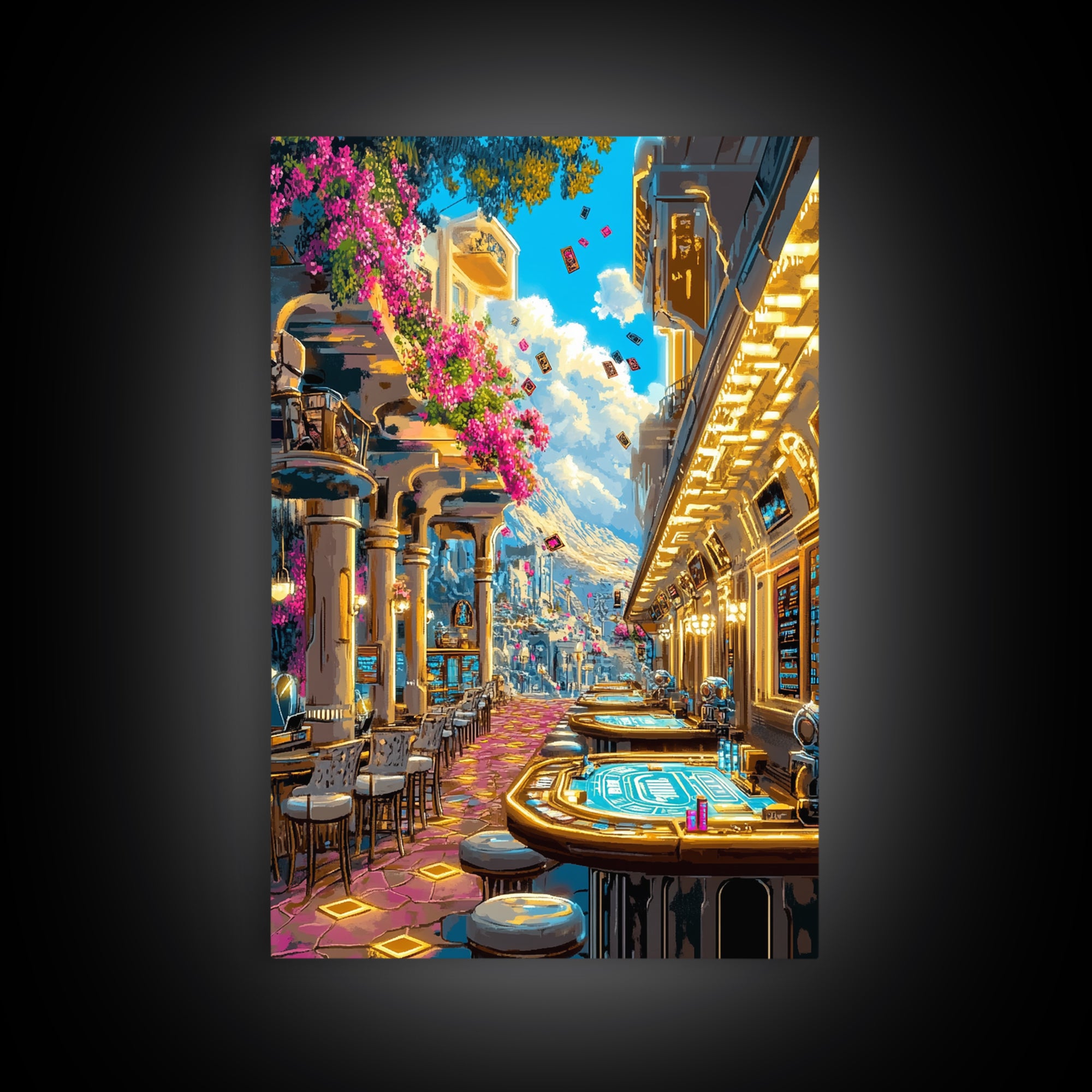 Futuristic Flower Lined Casino Street Canvas Print, Colorful Wall Art, Sci Fi City Travel Poster, Modern Living Room Decor
