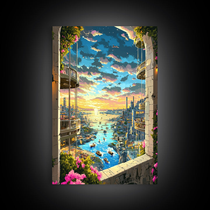 Sunset Harbor City View Between Balconies Framed Canvas Print, Coastal Wall Art, Fantasy Landscape, Above Bed Decor, Living Room Decor