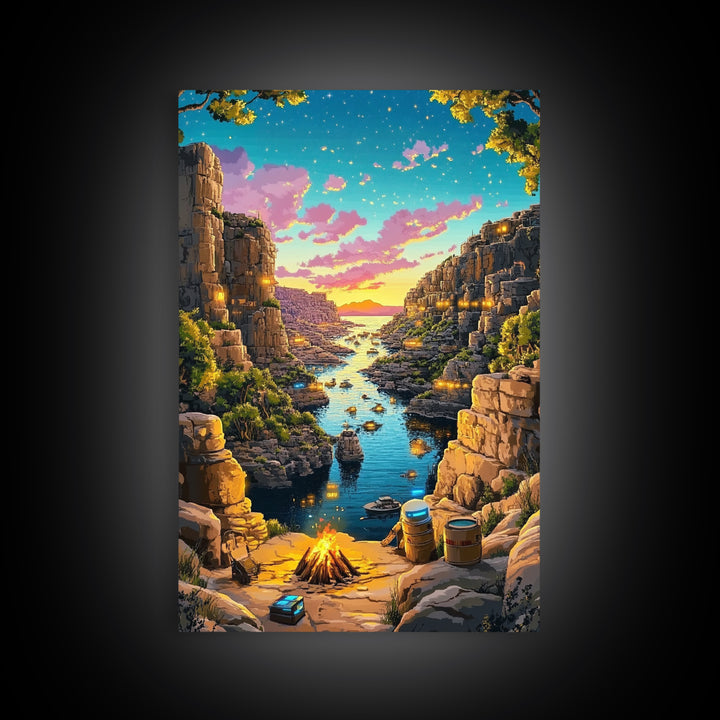 Starry Canyon River Camp At Sunset Canvas Print, Fantasy Wall Art, Adventure Landscape, Rustic Cabin And Game Room Decor