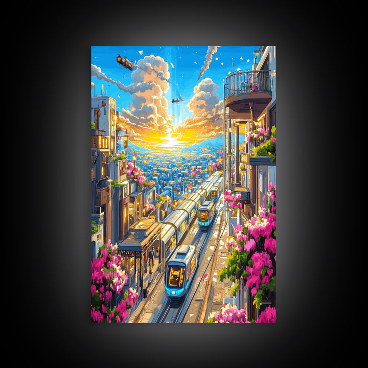 Sunset City Train Tracks With Flower Balconies Canvas Print, Futuristic Wall Art, Urban Travel Poster, Modern Home Decor