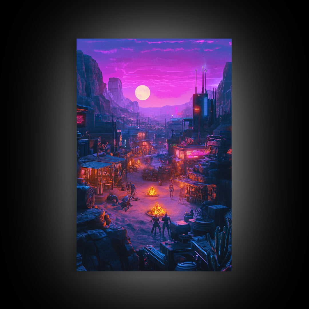 Purple Moon Cyberpunk Desert Settlement Wall Art, Sci Fi Western Poster, Dystopian Landscape, Gaming Room Decor Gift For Him
