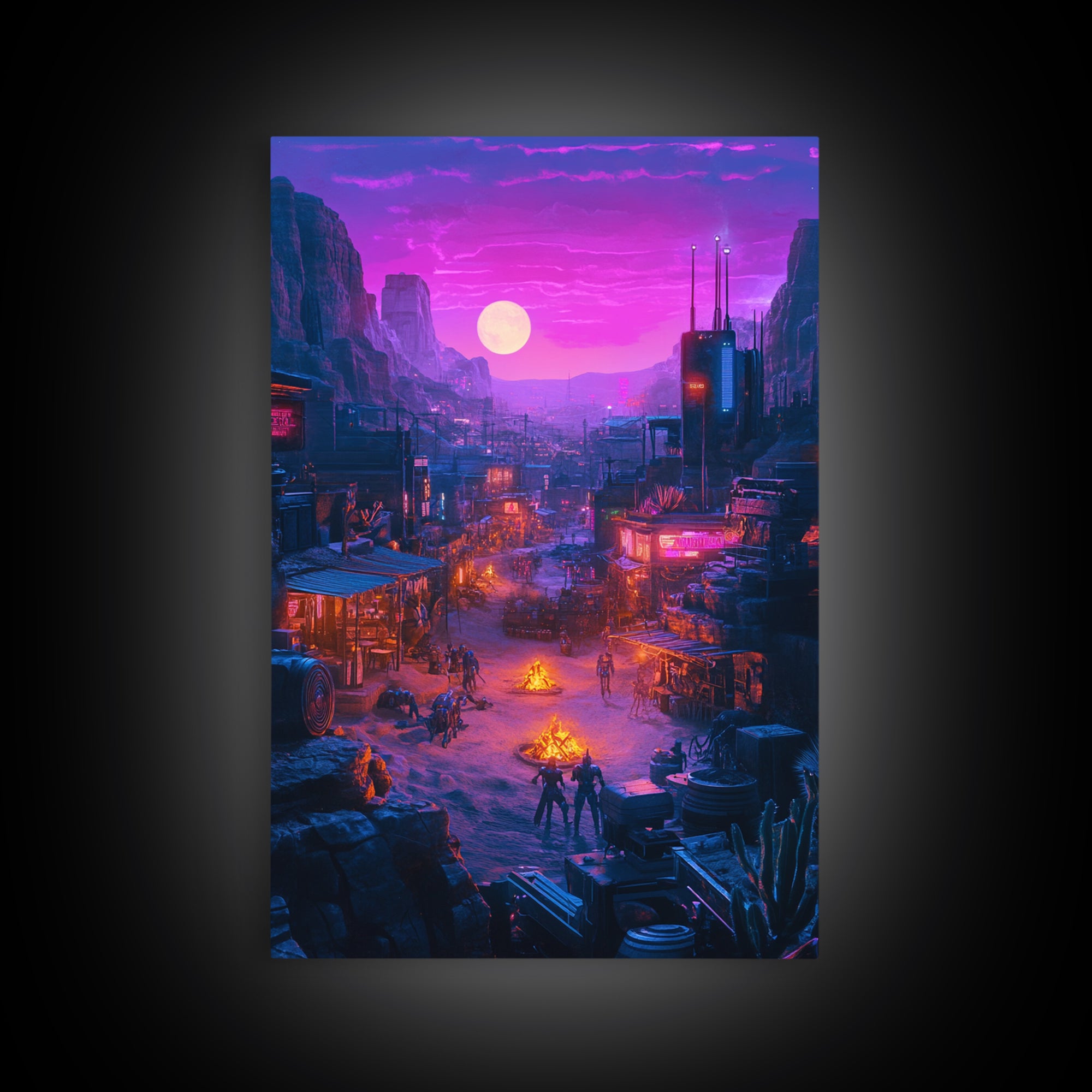 Purple Moon Cyberpunk Desert Settlement Wall Art, Sci Fi Western Poster, Dystopian Landscape, Gaming Room Decor Gift For Him