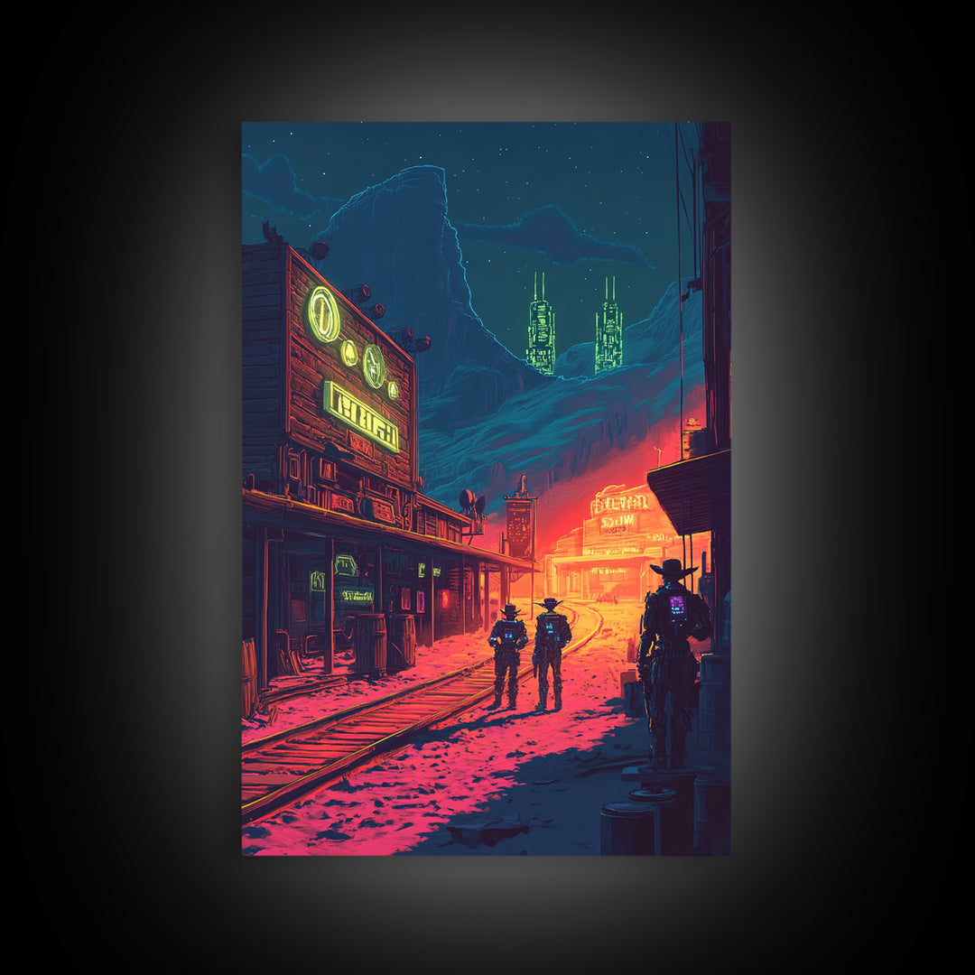 Neon Frontier Street With Cowboys Canvas Print, Cyberpunk Western Wall Art, Sci Fi Poster, Man Cave Gaming Room Decor Gift For Him