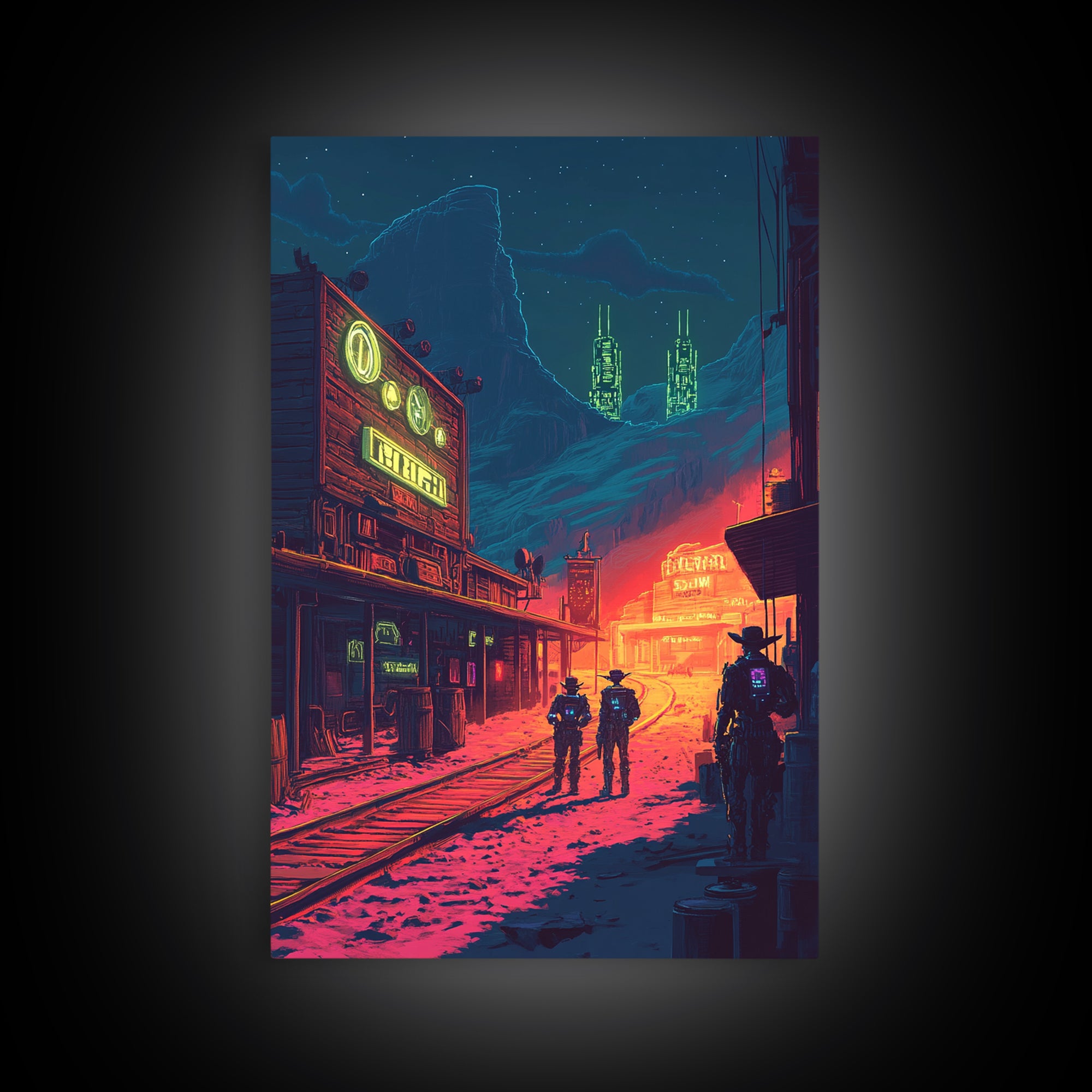 Neon Frontier Street With Cowboys Canvas Print, Cyberpunk Western Wall Art, Sci Fi Poster, Man Cave Gaming Room Decor Gift For Him