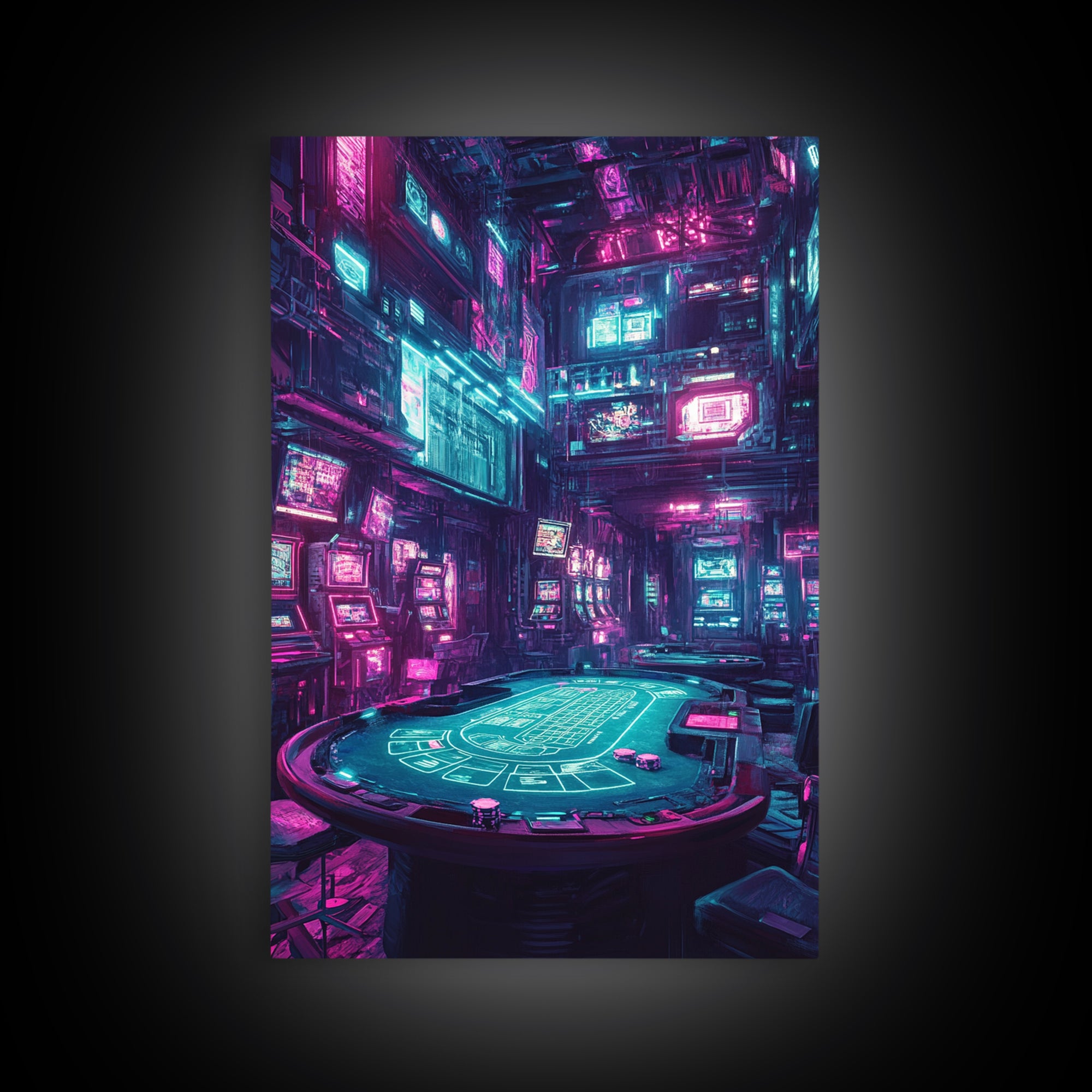 Cyberpunk Neon Casino Poker Room Wall Art, Futuristic Gaming Room Decor, Sci Fi Poster, Vaporwave Home Decor Print For Man Cave