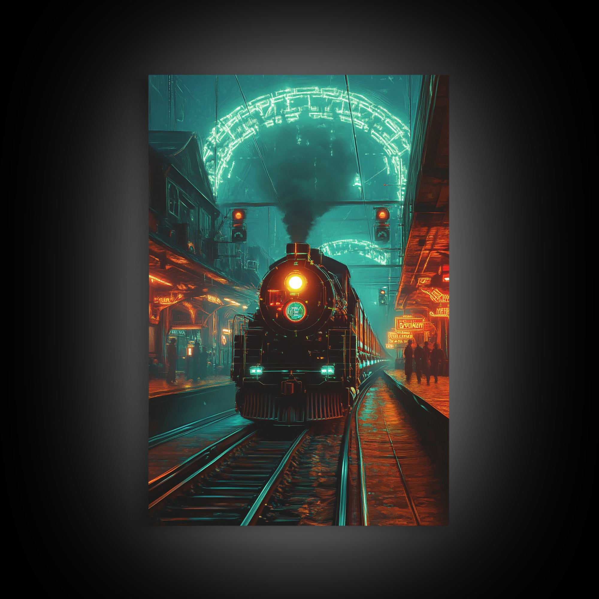 Steampunk Train Station Framed Canvas Print, Futuristic Wall Art, Sci Fi Decor, Industrial Travel Poster For Office Decor