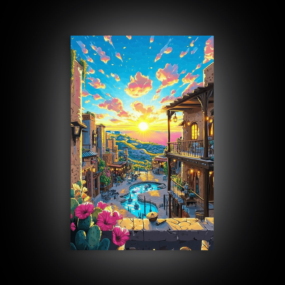 Mediterranean Sunset Village Wall Art, Vibrant Coastal Canvas Print, Travel Poster, Warm Home Decor For Living Room And Bedroom Decor