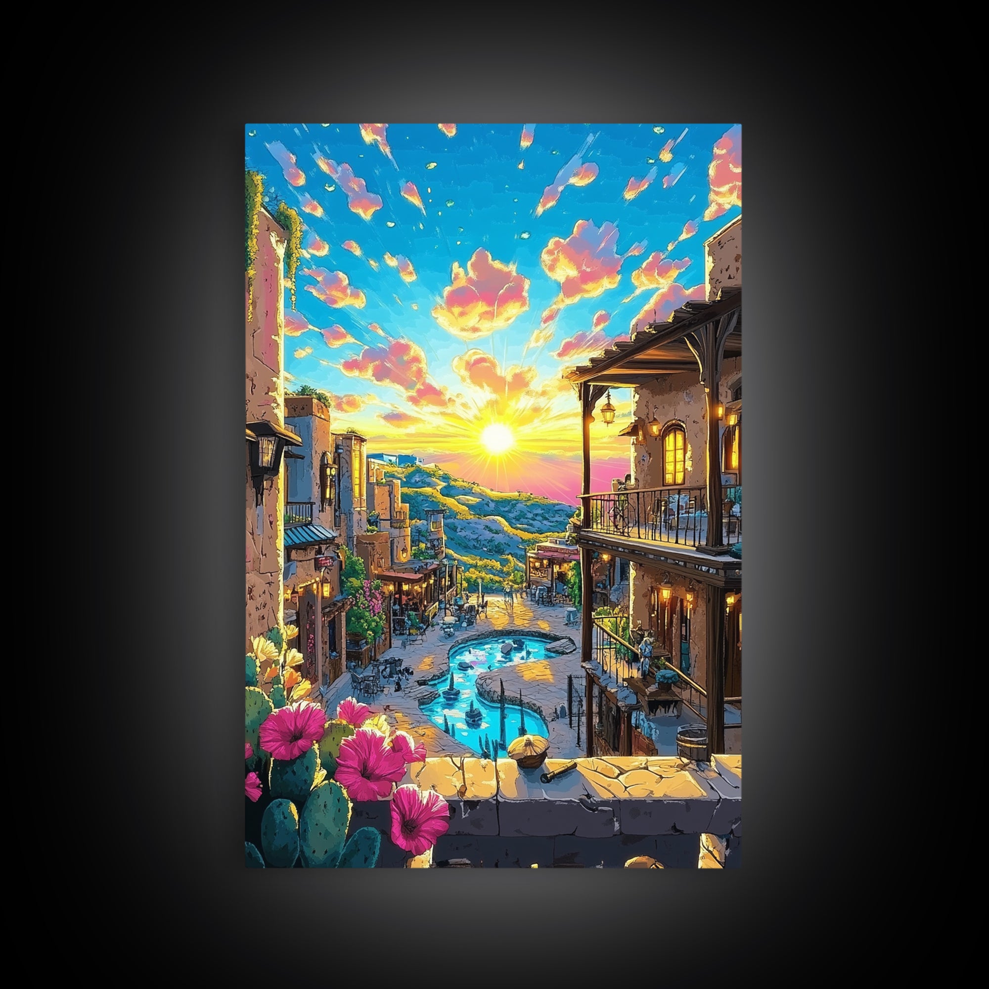 Mediterranean Sunset Village Wall Art, Vibrant Coastal Canvas Print, Travel Poster, Warm Home Decor For Living Room And Bedroom Decor
