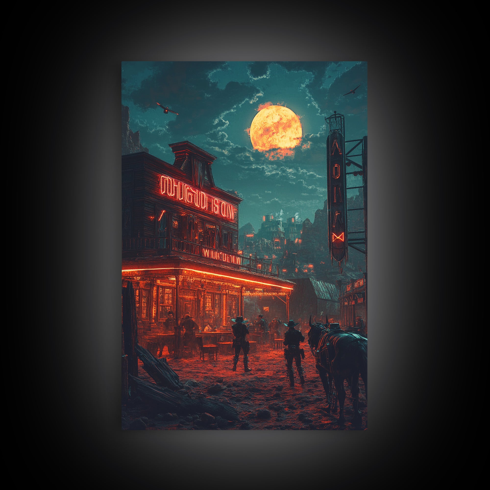 Dark Western Saloon Moon Wall Art, Moody Cowboy Canvas Print, Gothic Rustic Decor, Southwestern Poster For Man Cave Living Room Decor