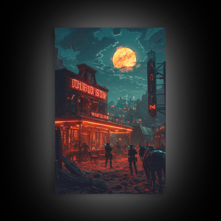 Dark Western Saloon Moon Wall Art, Moody Cowboy Canvas Print, Gothic Rustic Decor, Southwestern Poster For Man Cave Living Room Decor