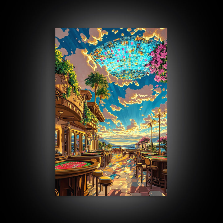 Coastal Casino Terrace UFO Canvas Print, Futuristic Travel Poster, Vibrant Coastal Wall Art, Maximalist Home Decor For Living Room