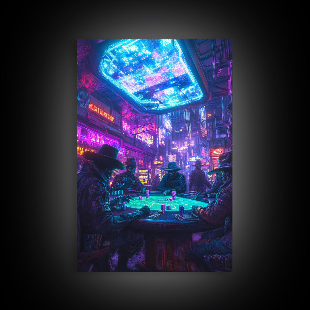 Cyberpunk Western Poker Game Wall Art, Neon Cowboy Canvas Print, Sci Fi Saloon Decor, Futuristic Man Cave Poster For Gaming Room Decor