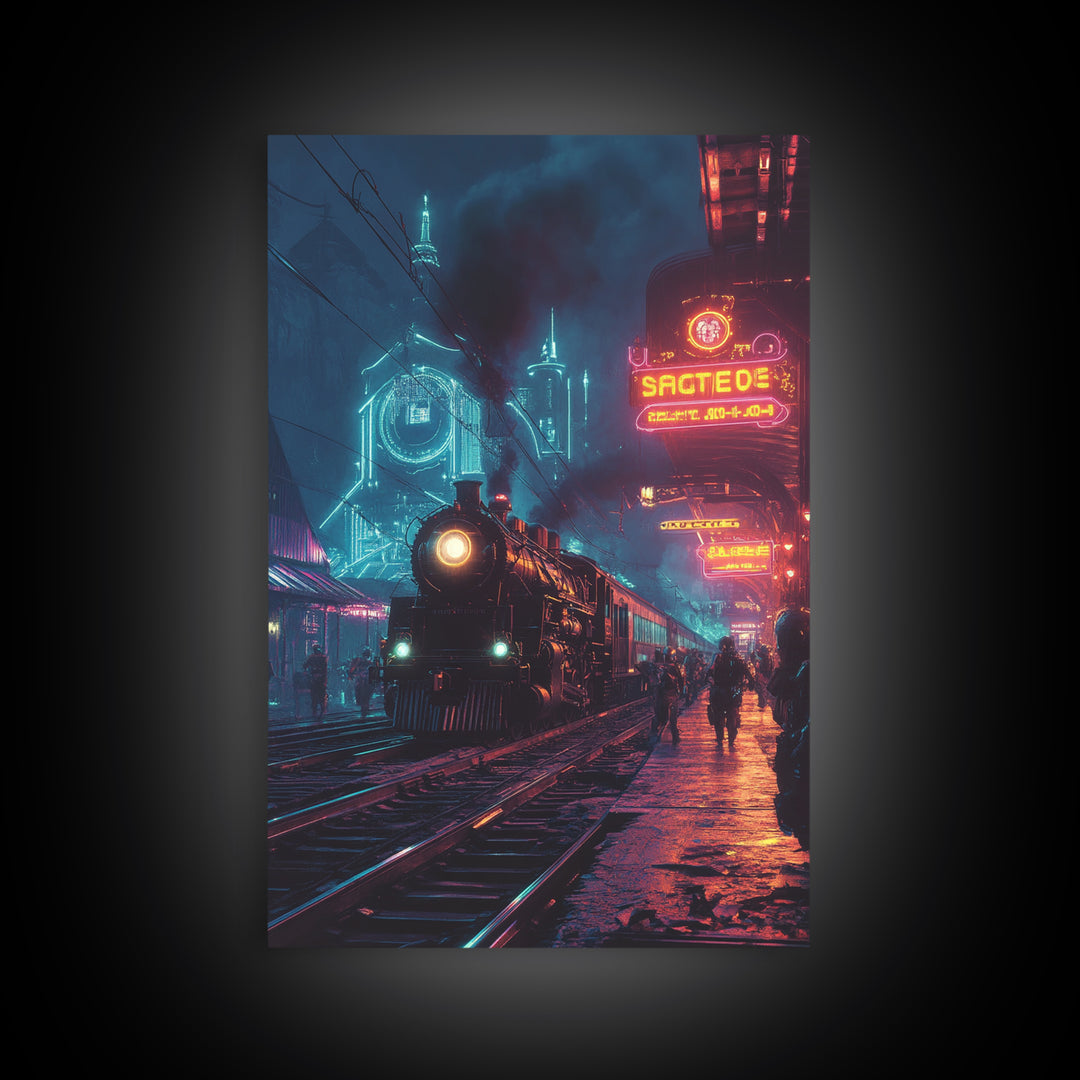 Neon Cyberpunk Steam Train Station Canvas Print, Futuristic Cityscape Wall Art, Sci Fi Decor, Gamer Room, Gift For Him, Modern Home Decor