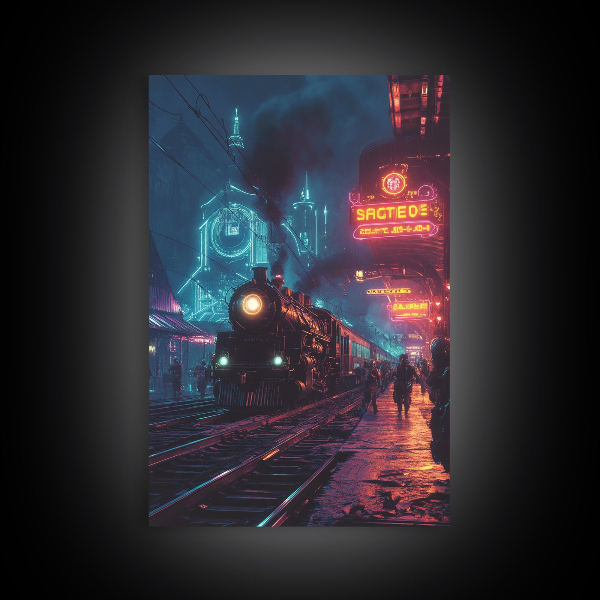 Neon Cyberpunk Steam Train Station Canvas Print, Futuristic Cityscape Wall Art, Sci Fi Decor, Gamer Room, Gift For Him, Modern Home Decor