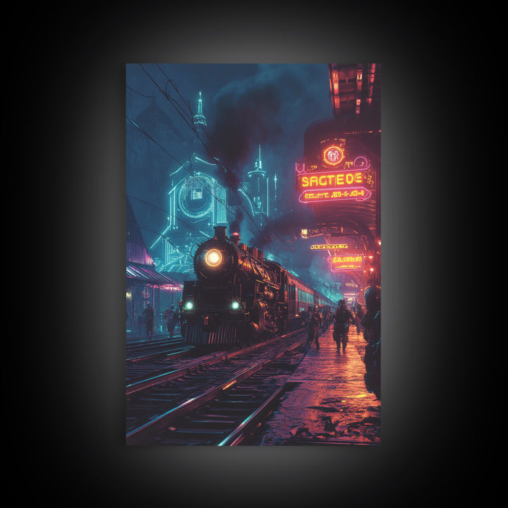 Neon Cyberpunk Steam Train Station Canvas Print, Futuristic Cityscape Wall Art, Sci Fi Decor, Gamer Room, Gift For Him, Modern Home Decor