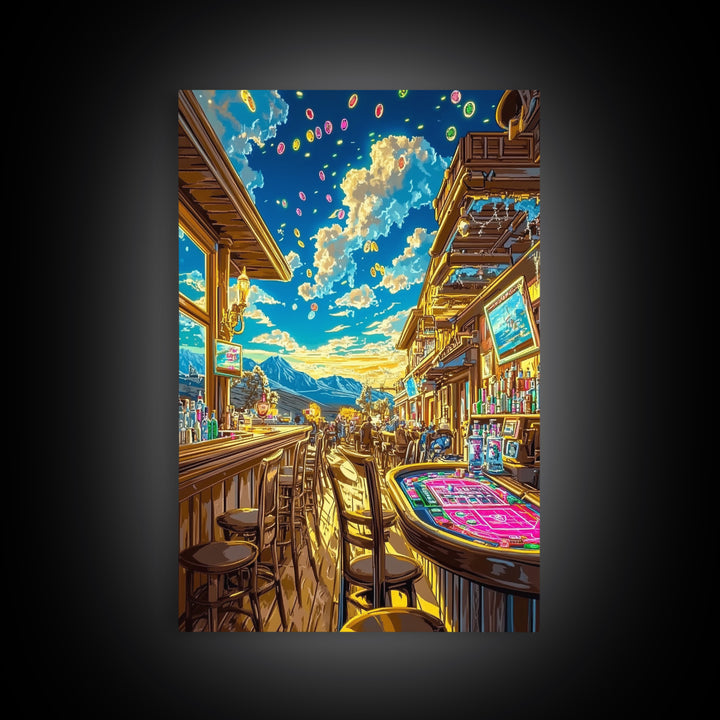 Sunlit Mountain Casino Bar Canvas Print, Colorful Western Wall Art, Game Room Decor, Man Cave Poster, Housewarming Gift Idea