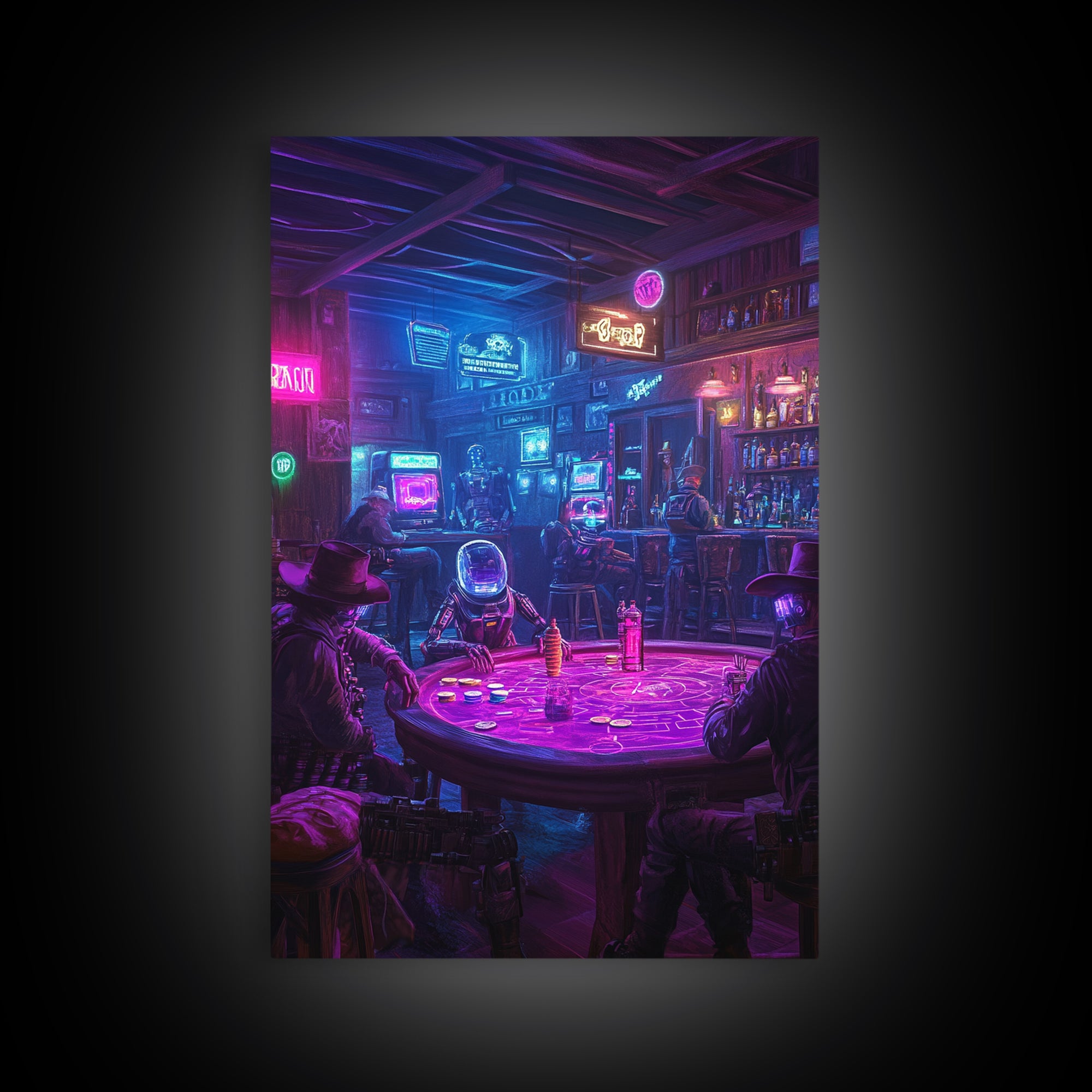 Neon Cyberpunk Poker Saloon Wall Art, Futuristic Western Canvas Print, Man Cave Decor, Game Room Art, Sci Fi Gift For Him