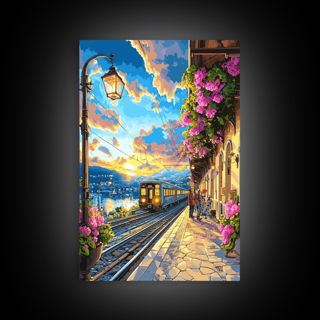 Coastal Sunset Train By Flowered Balcony Canvas Print, Mediterranean Wall Art, Travel Poster, Living Room Decor, Gift For Her