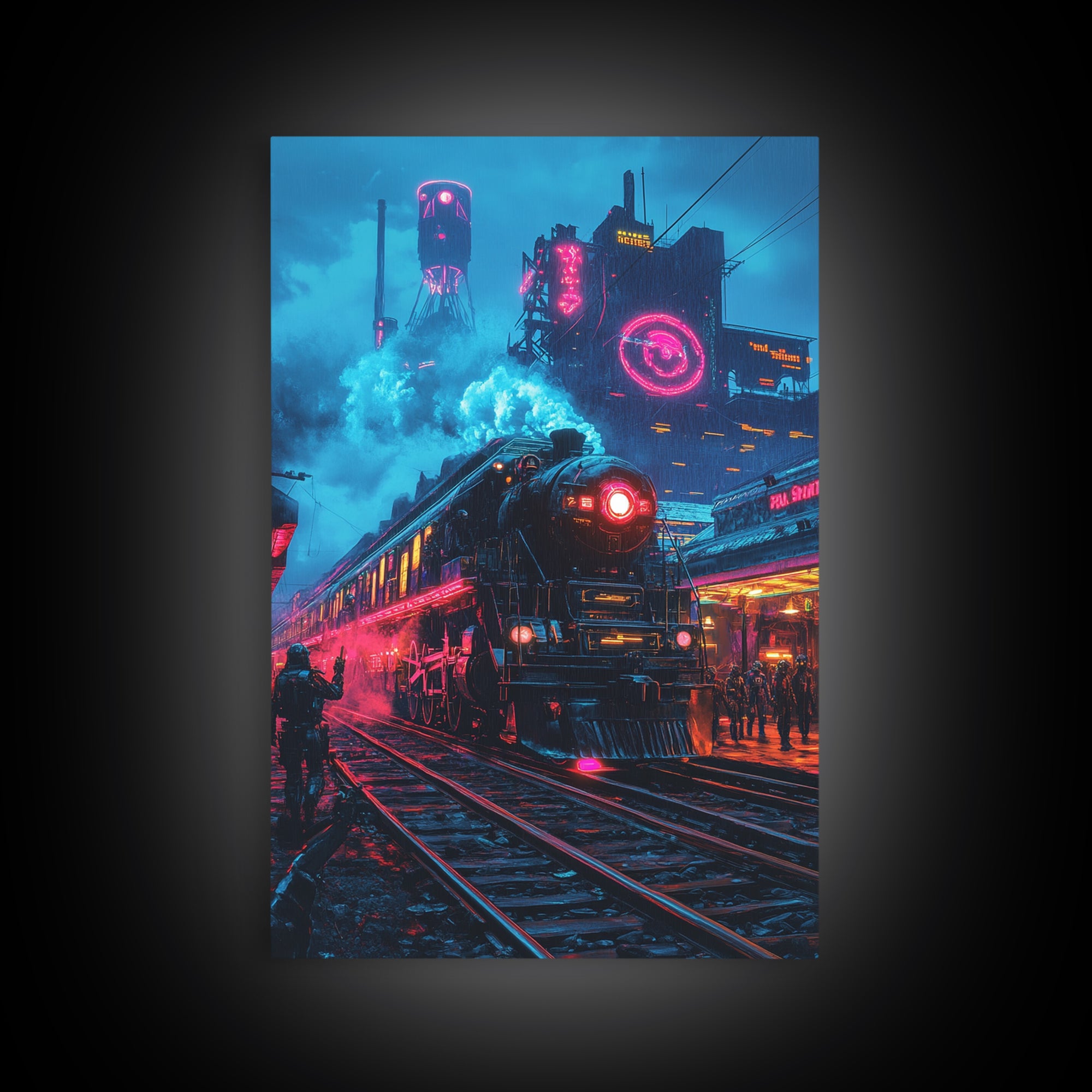 Neon Dystopian Steam Train Canvas Print, Cyberpunk City Wall Art, Futuristic Decor, Sci Fi Poster, Gaming Room Gift For Him