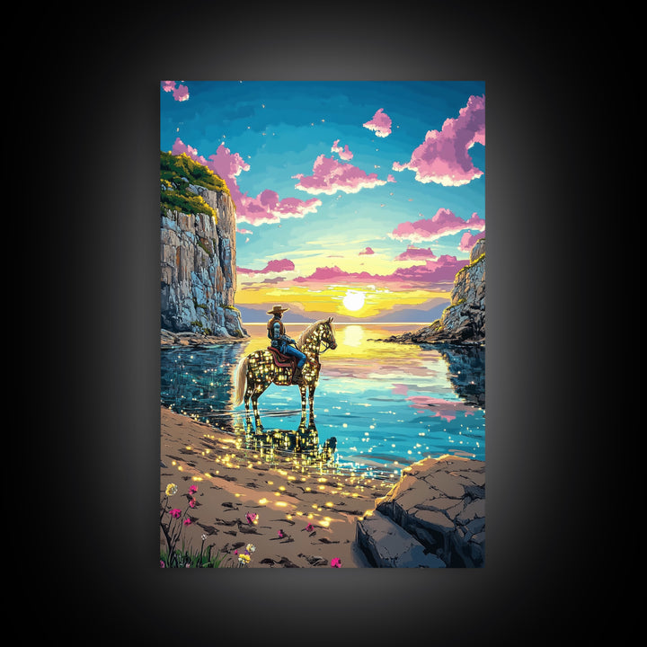 Glowing Cowgirl Horse On Sunset Cove Canvas Print, Western Wall Art, Coastal Decor, Romantic Bedroom Art, Unique Gift For Her