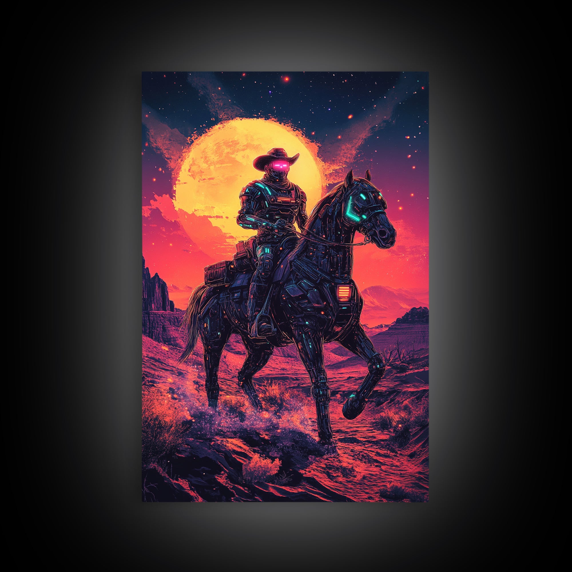 Cyberpunk Cowboy On Robotic Horse Canvas Print, Neon Western Wall Art, Futuristic Desert Decor, Sci Fi Poster, Gift For Him
