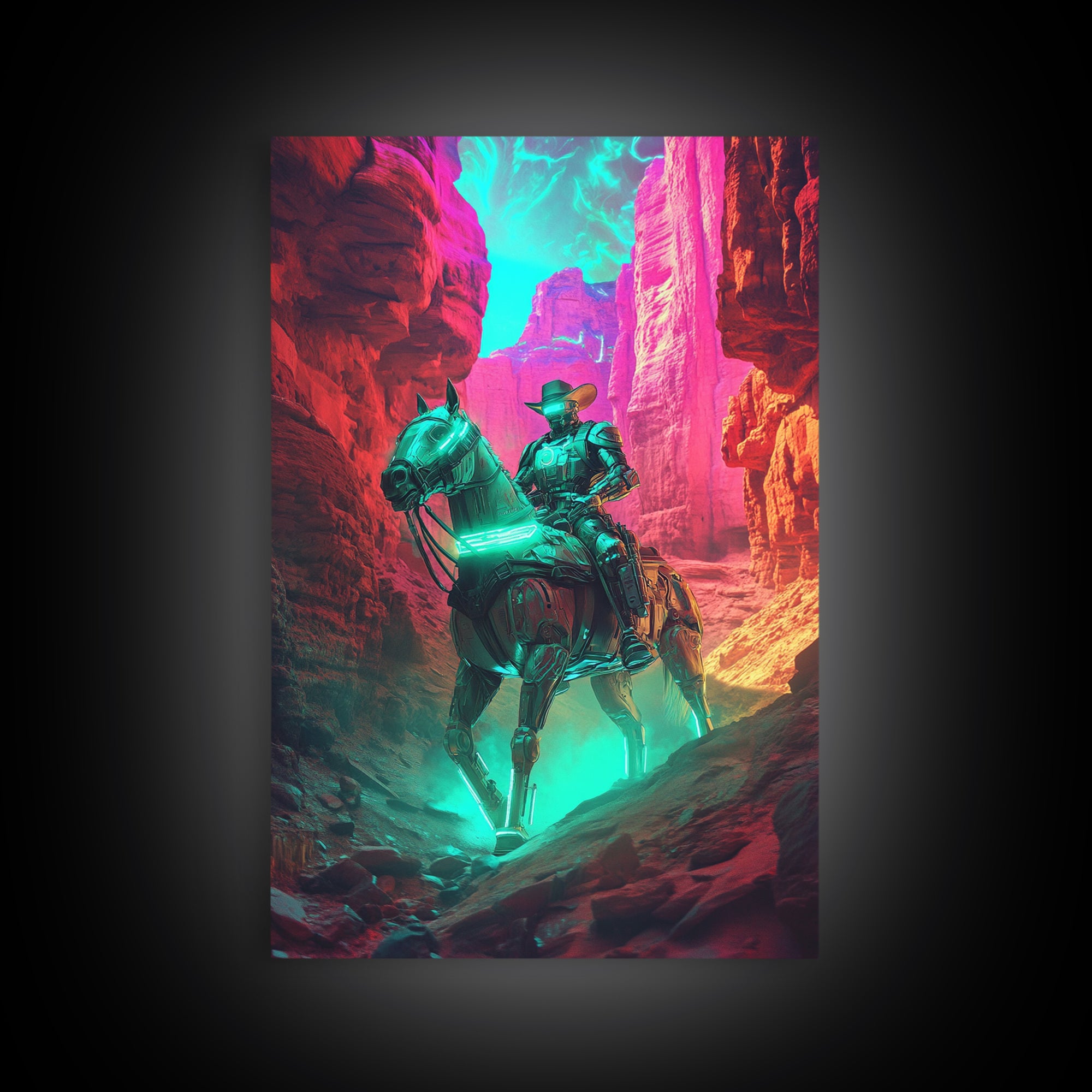 Neon Robot Cowboy In Red Desert Canyon Canvas Print, Cyberpunk Western Wall Decor, Futuristic Sci Fi Gaming Room Wall Decor