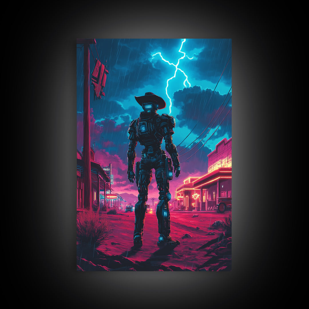 Robot Cowboy In Neon Storm Western Town Wall Art, Cyberpunk Sci Fi Poster, Futuristic Gaming Room Decor, Man Cave Gift For Him