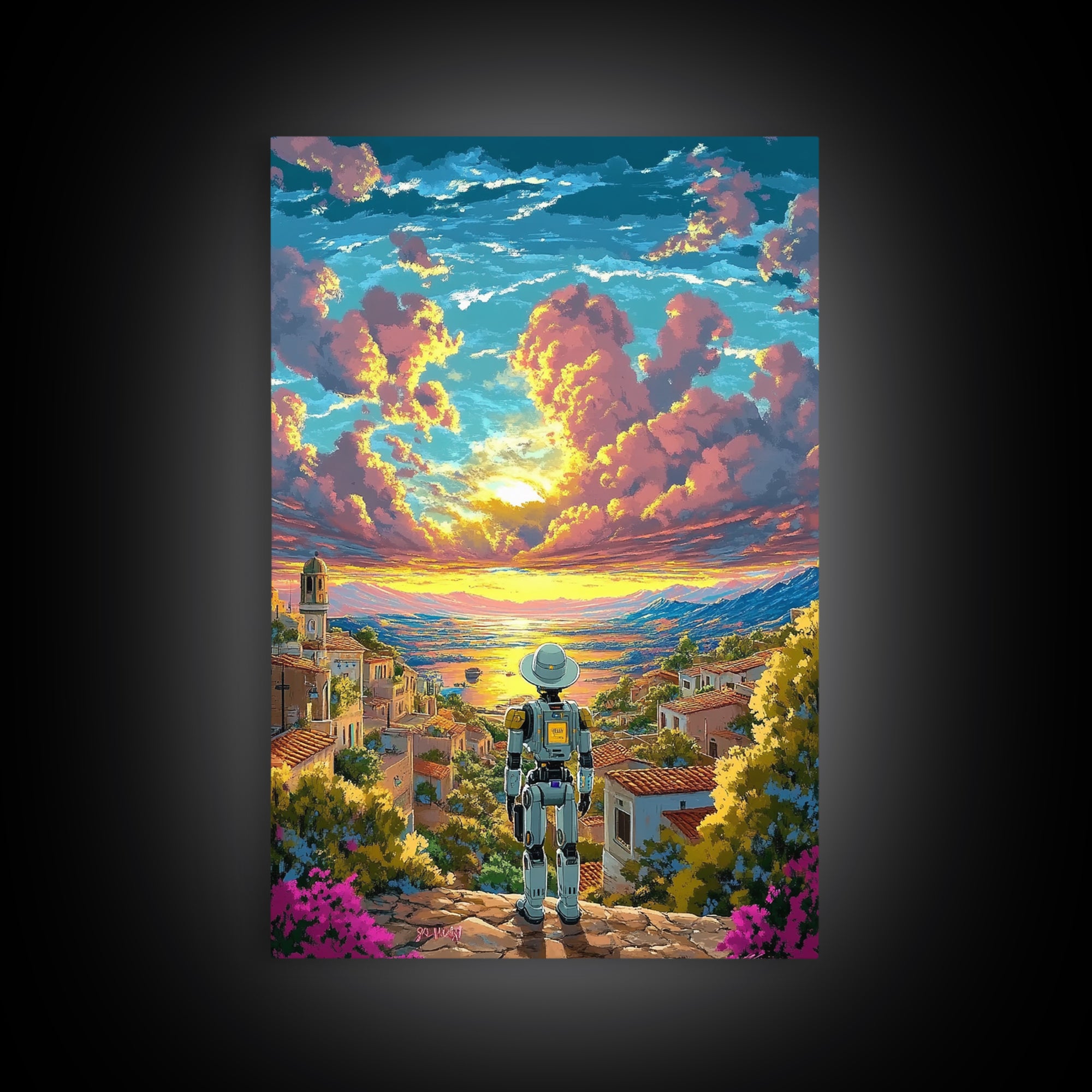Robot Traveler Above Coastal Village Sunset Framed Canvas Print, Mediterranean Wall Art, Modern Landscape Decor, Living Room Art