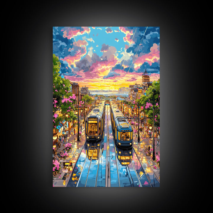 Colorful Tram Street At Sunset Canvas Print, Urban Landscape Wall Art, City Travel Poster, Eclectic Living Room Home Decor