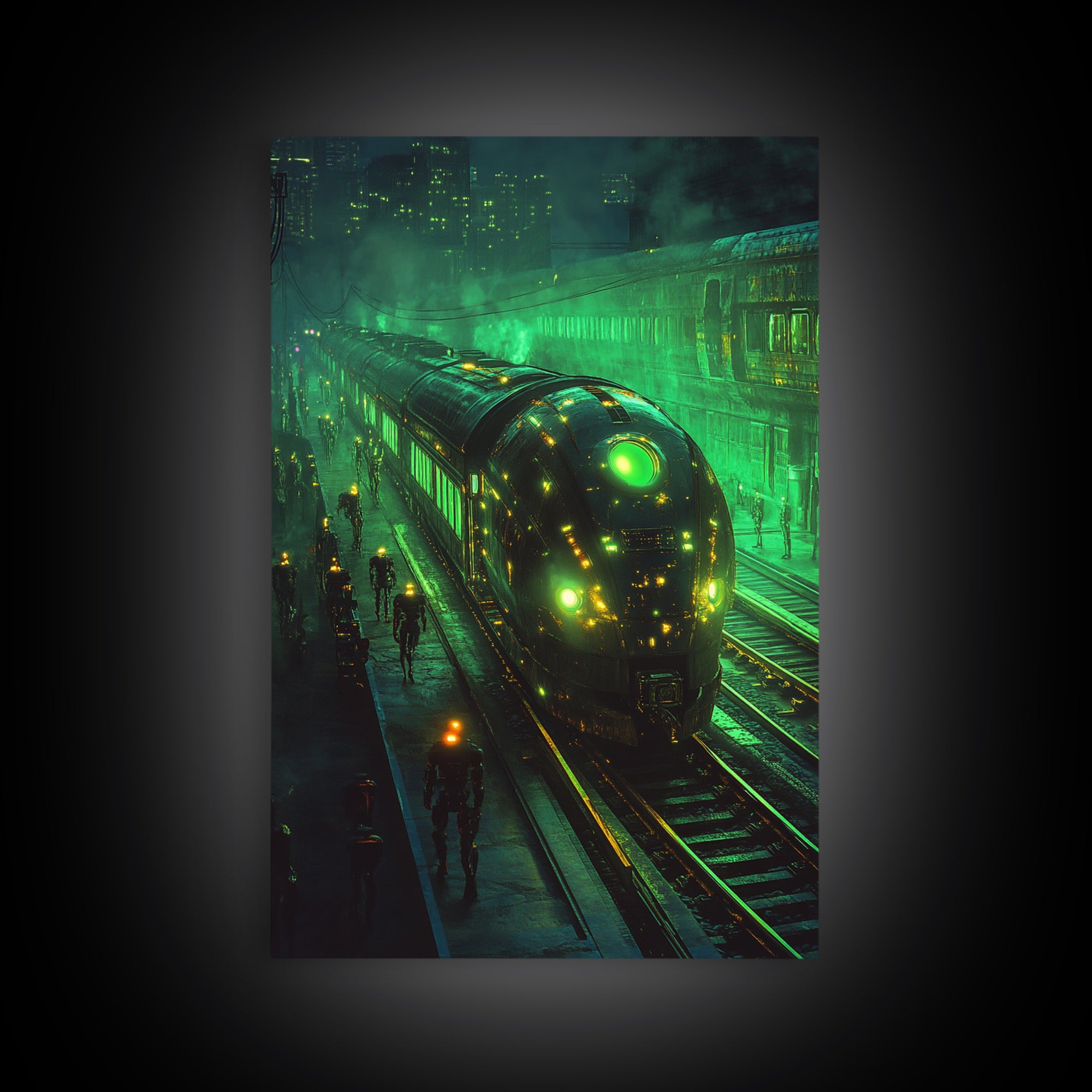 Glowing Green Futuristic Train Station Wall Art, Cyberpunk Railway Canvas, Dark Sci Fi Cityscape Office Decor, Gaming Room Art